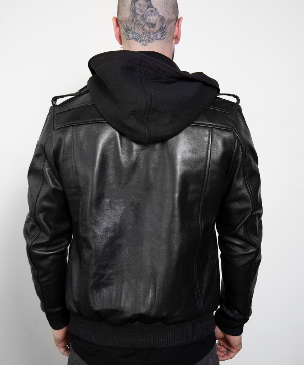 black hooded biker leather jacket for mens