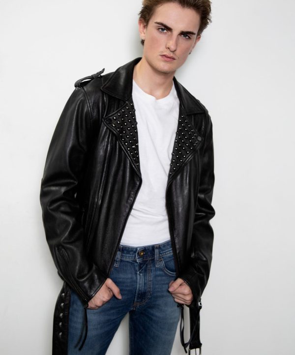 black moto leather jacket with studded collar