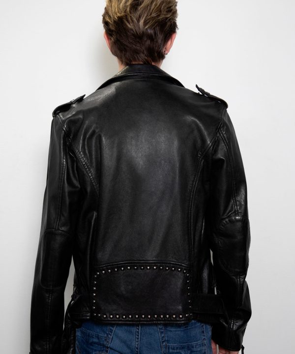 black rocker real leather jacket studded lapel collar