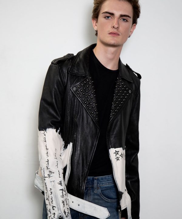 handpainted rockstar black & white graphic leather jacket