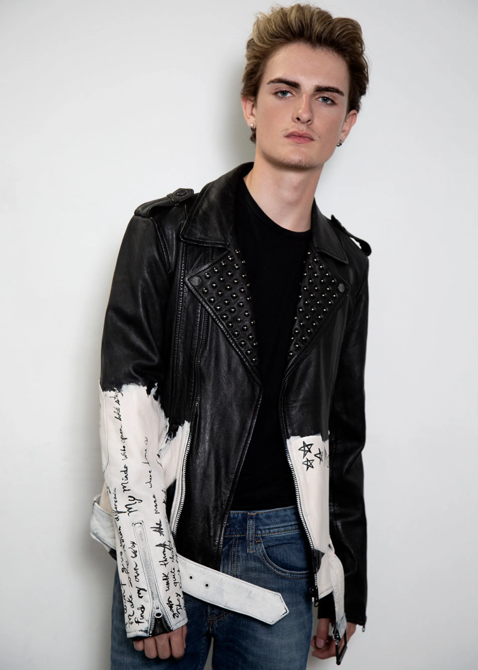 handpainted rockstar black & white graphic leather jacket