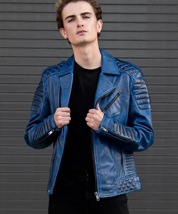 navy blue quilted leather jacket biker