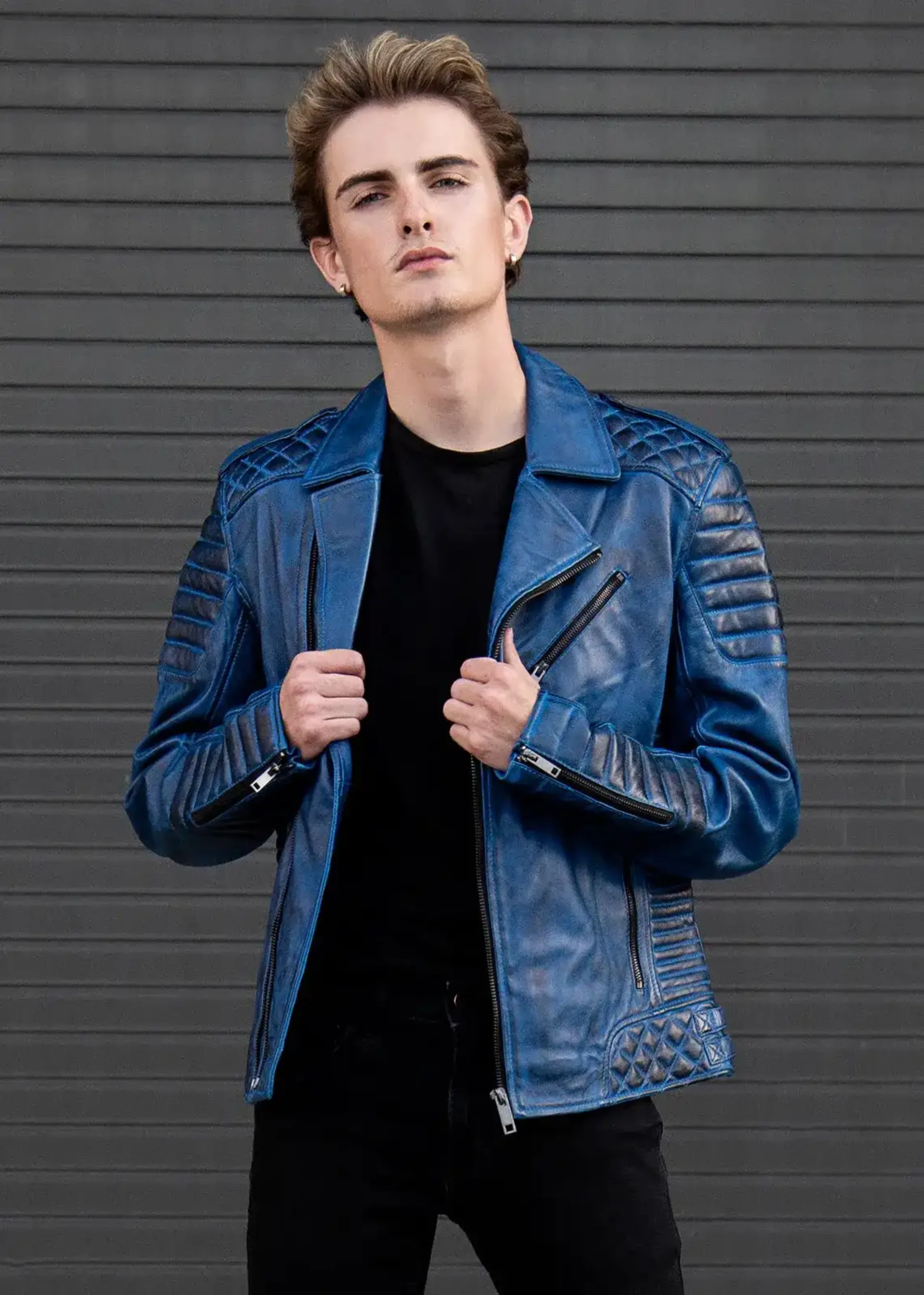 navy blue quilted leather jacket biker