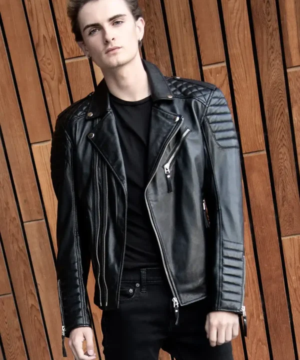 black quilted biker real leather jacket motorcycle