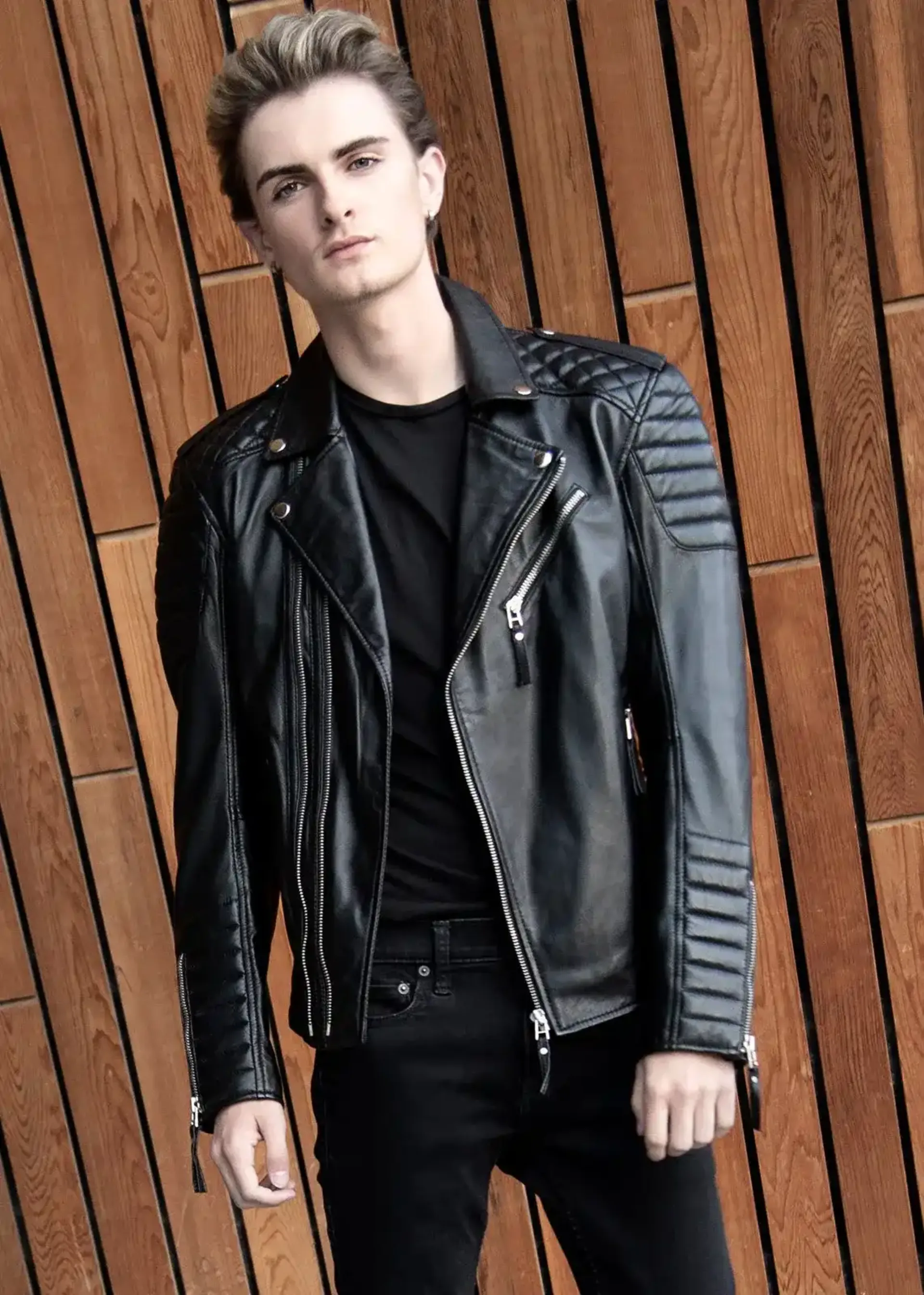 black quilted biker real leather jacket motorcycle