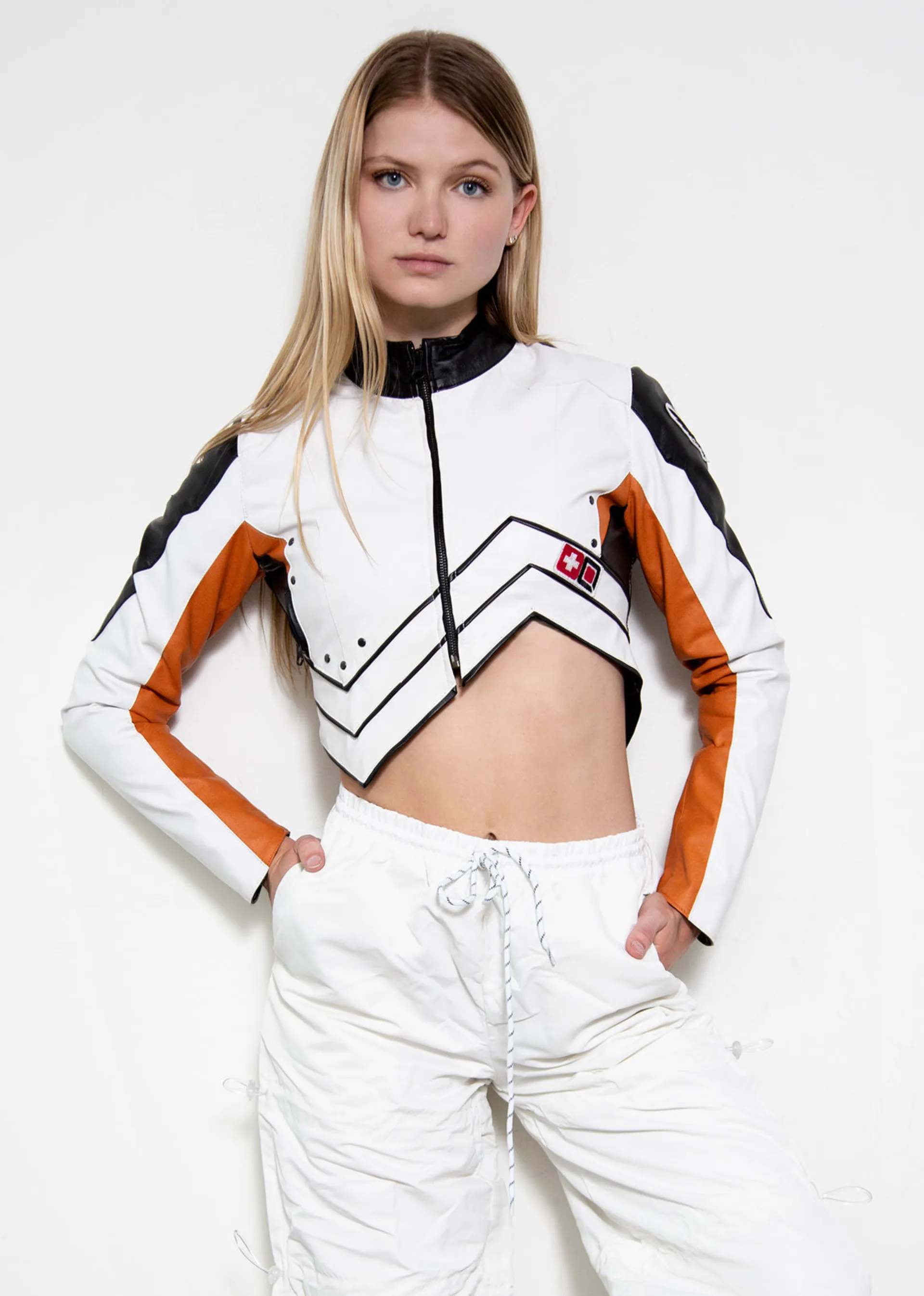 mercy overwatch 2 crop top real leather jacket white orange