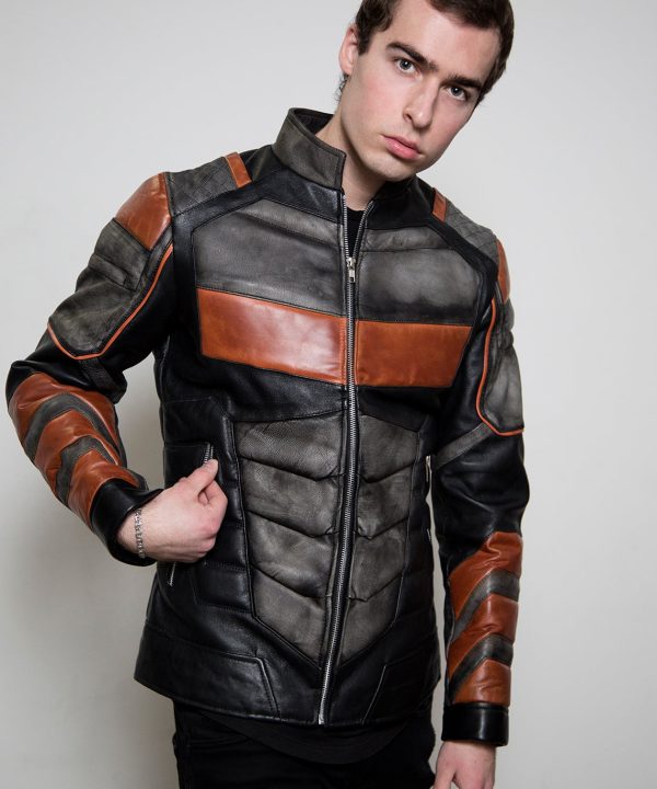 mens deathstroke armored moto orange leather jacket