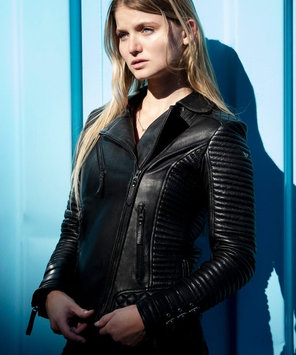 womens black moto quilted real leather jacket