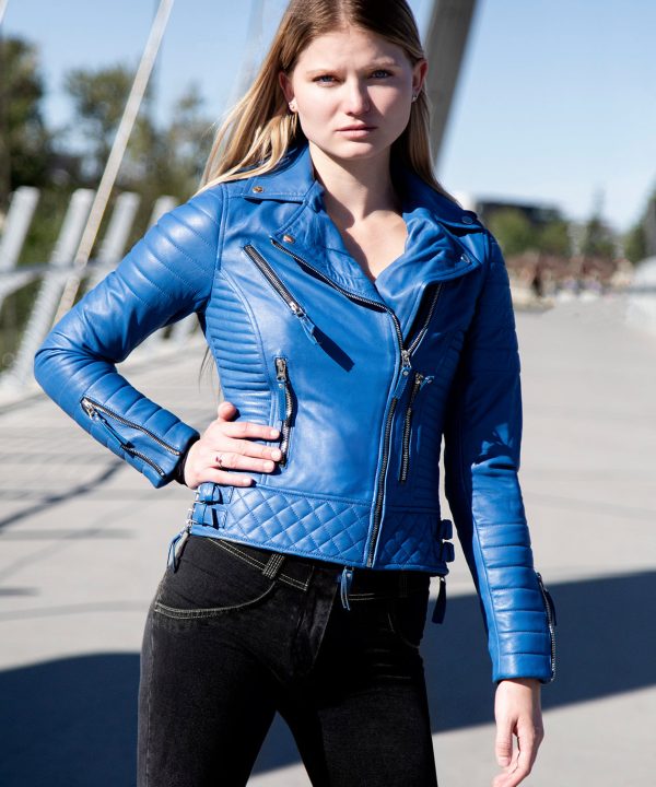 womens blue motorcycle real leather quilted jacket