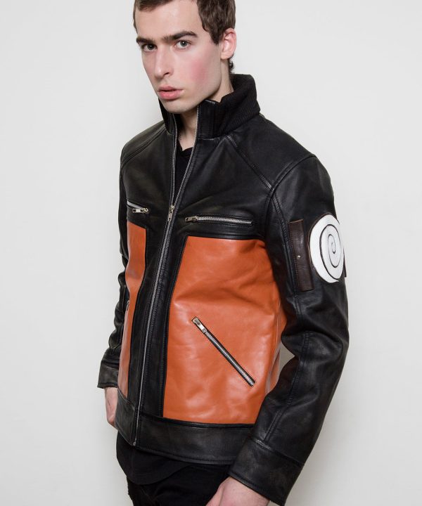 Mens Naruto Shippuden Orange Leather Jacket Designer Fashion moto