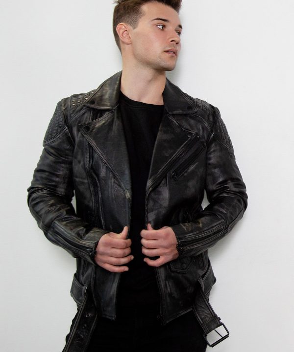 black metal leather jacket studded shoulders biker