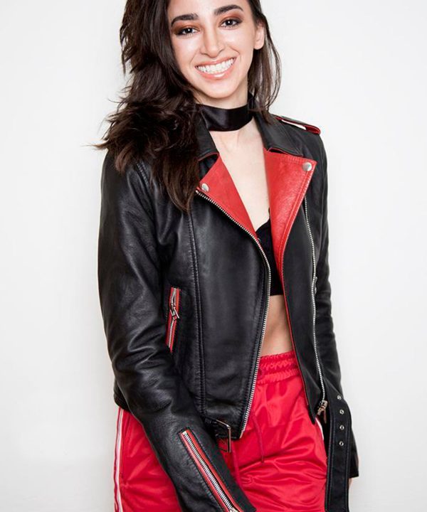 Womens Fashion Leather Jacket Black Red Contrast