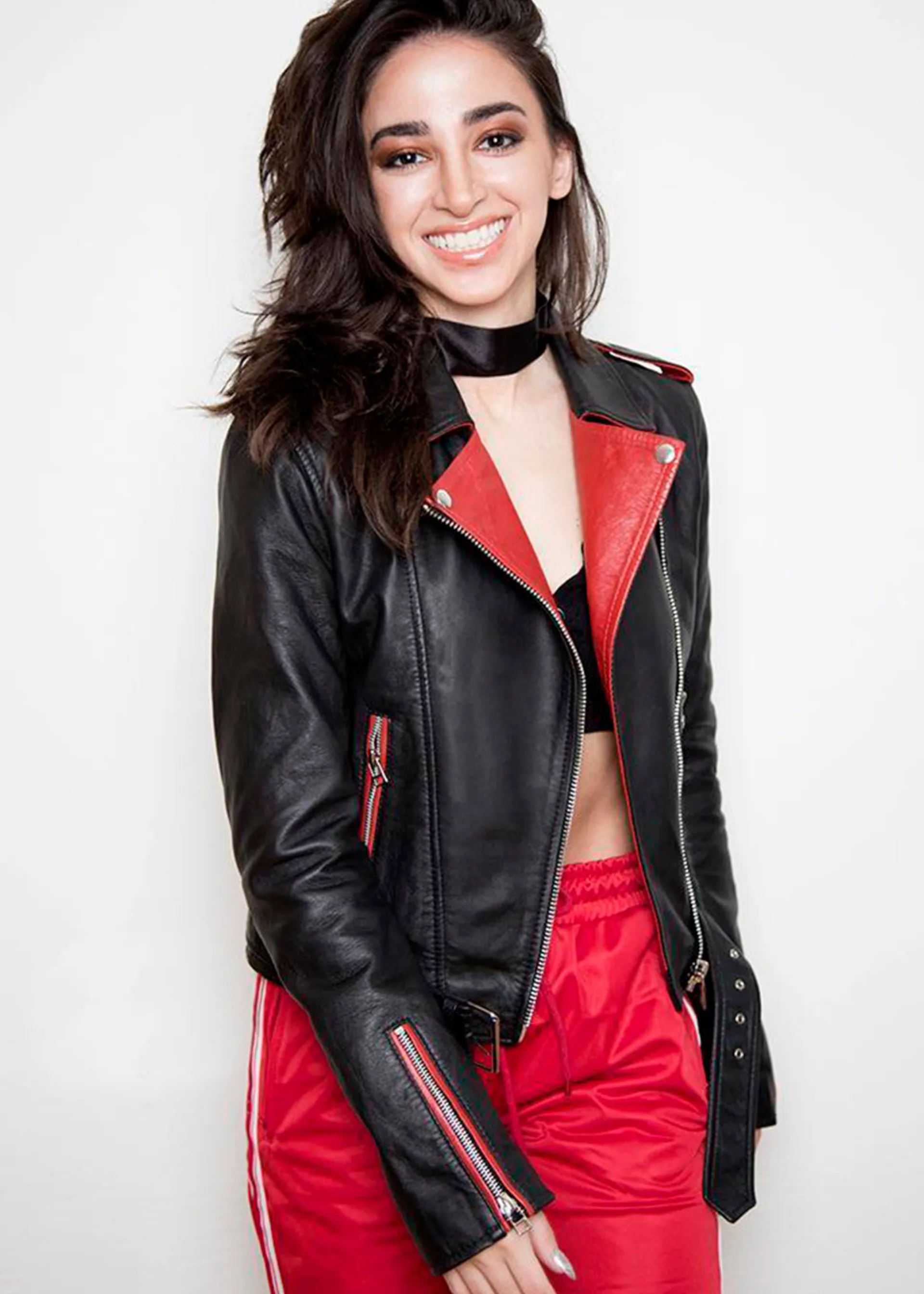 Womens Fashion Leather Jacket Black Red Contrast