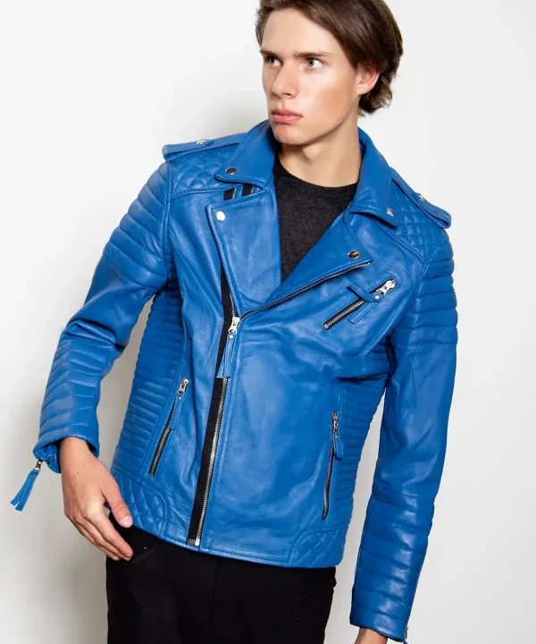 blue quilted motorcycle genuine leather jacket for mens