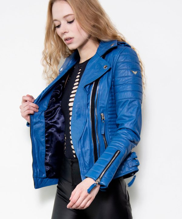 biker womens leather jacket blue quilted