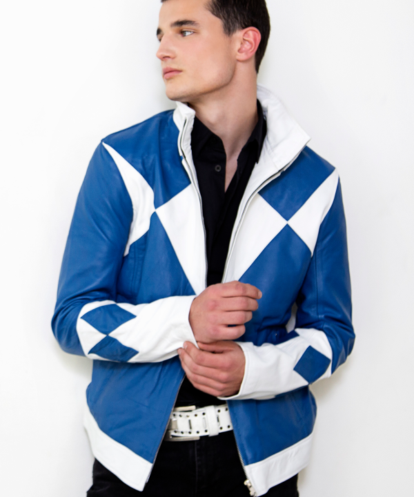 blue power ranger real leather jacket