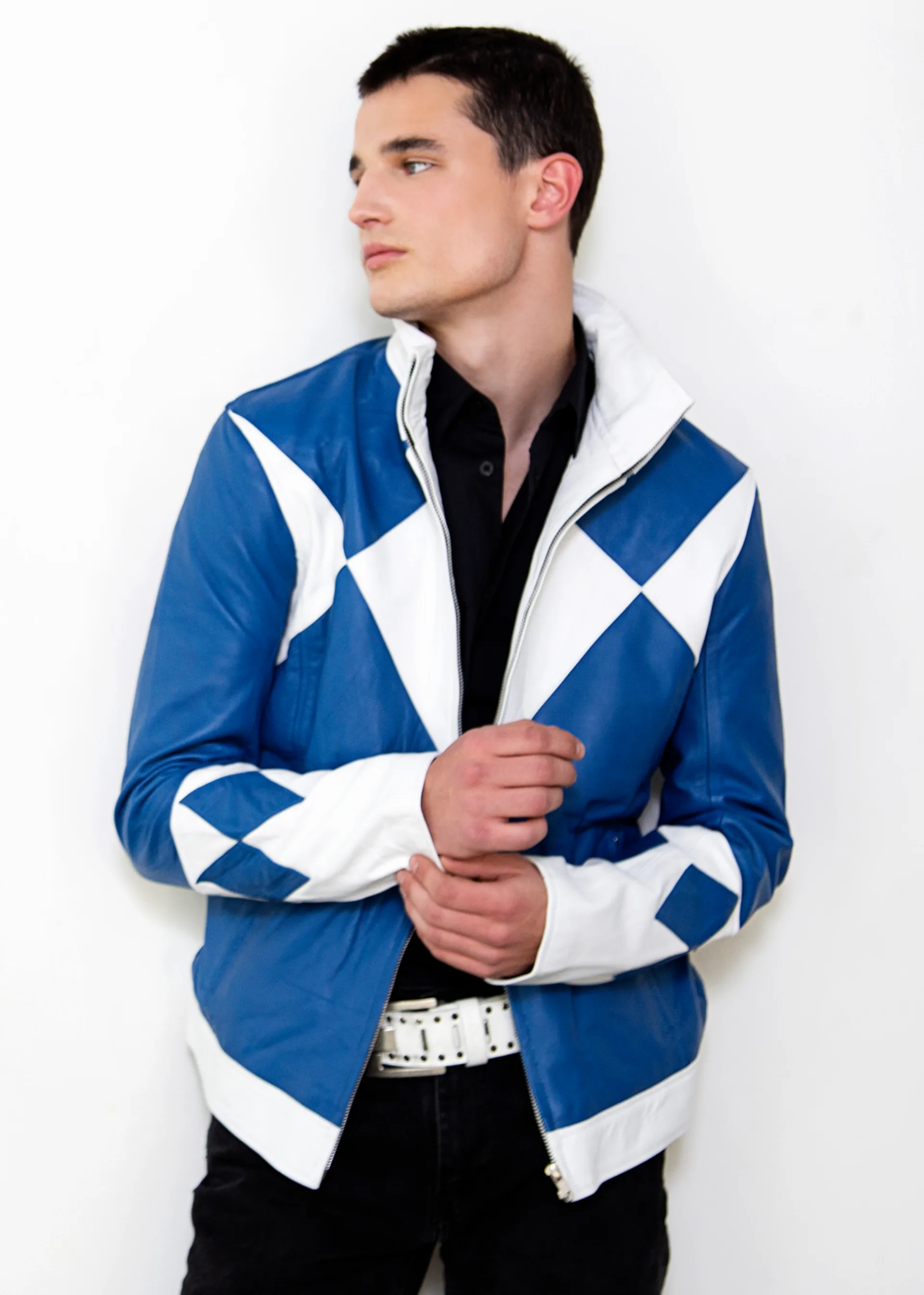 blue power ranger real leather jacket