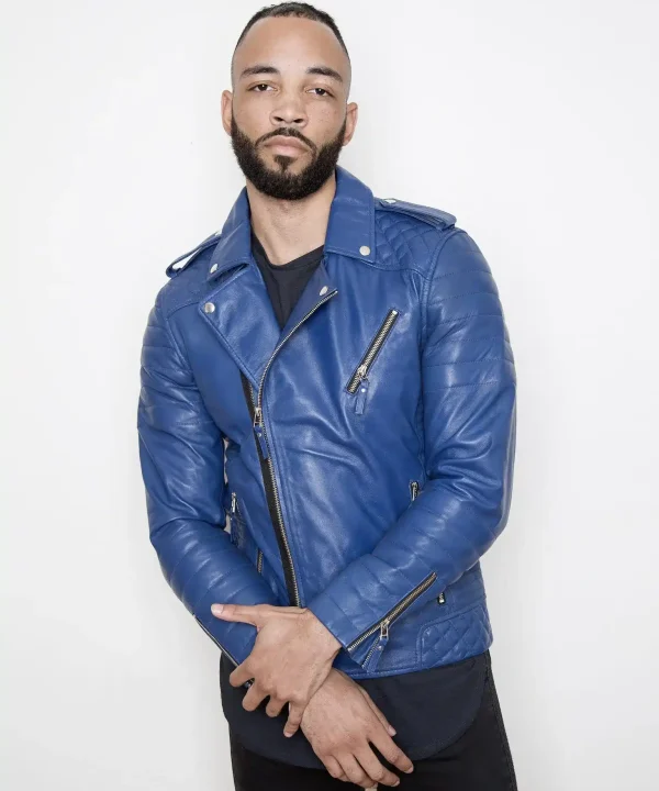 Mens Quilted biker Leather Motorcycle Jacket Blue