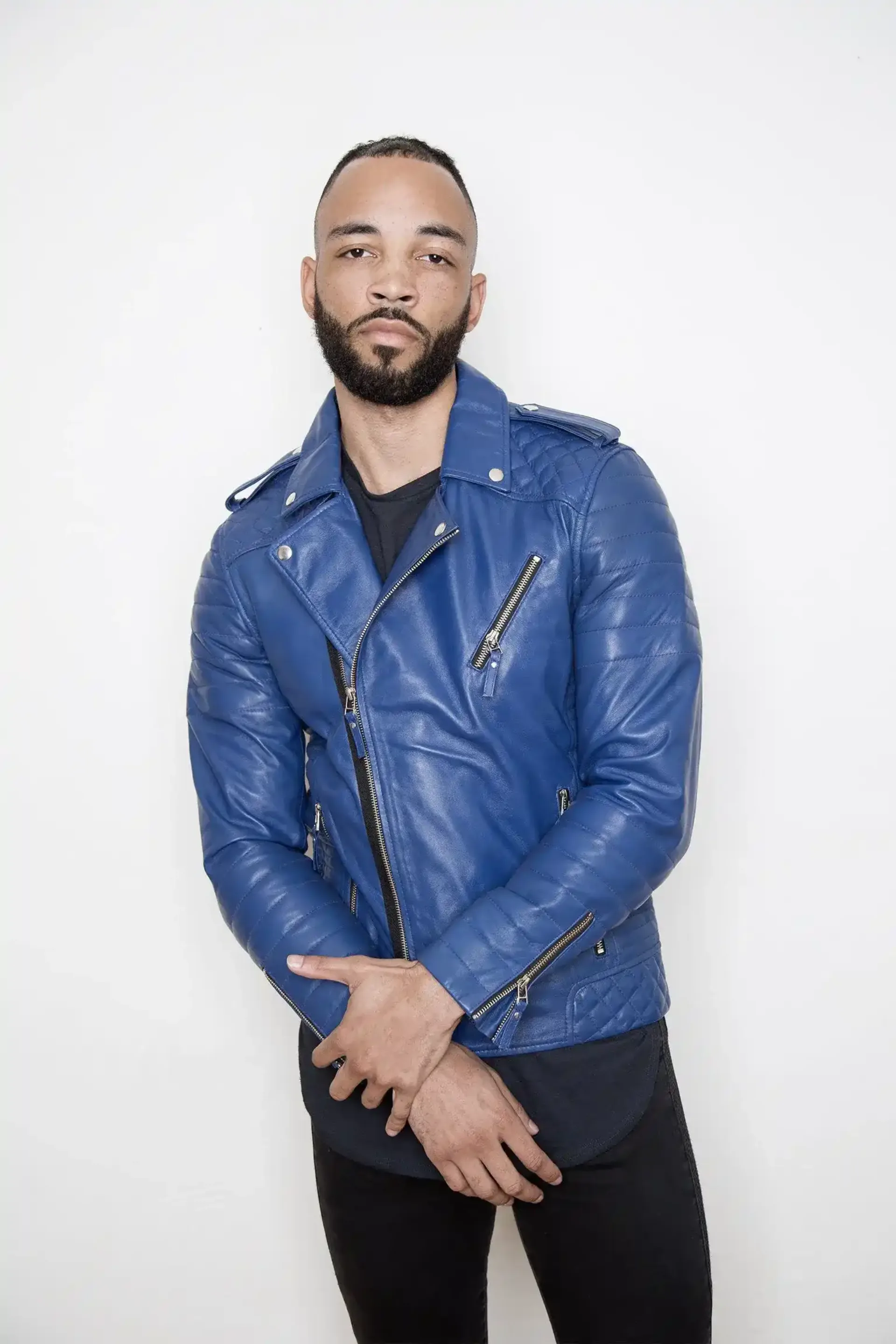 Mens Quilted biker Leather Motorcycle Jacket Blue