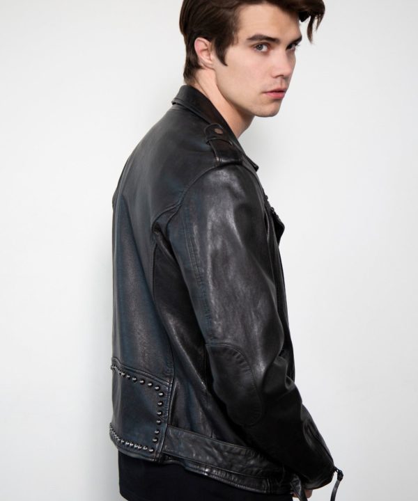 Mens Dome Studded Collar Black Motorcycle Leather Jacket