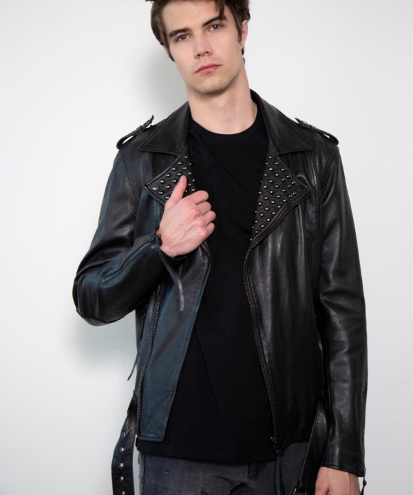 Mens Dome Studded Collar Black Motorcycle Leather Jacket