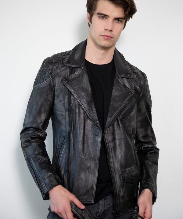 Nathan Smooth Studded Shoulder Black Moto Leather Jacket