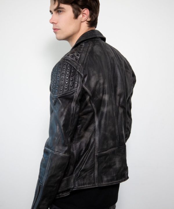Nathan Black Motorcycle Leather Jacket Studded Shoulders Back
