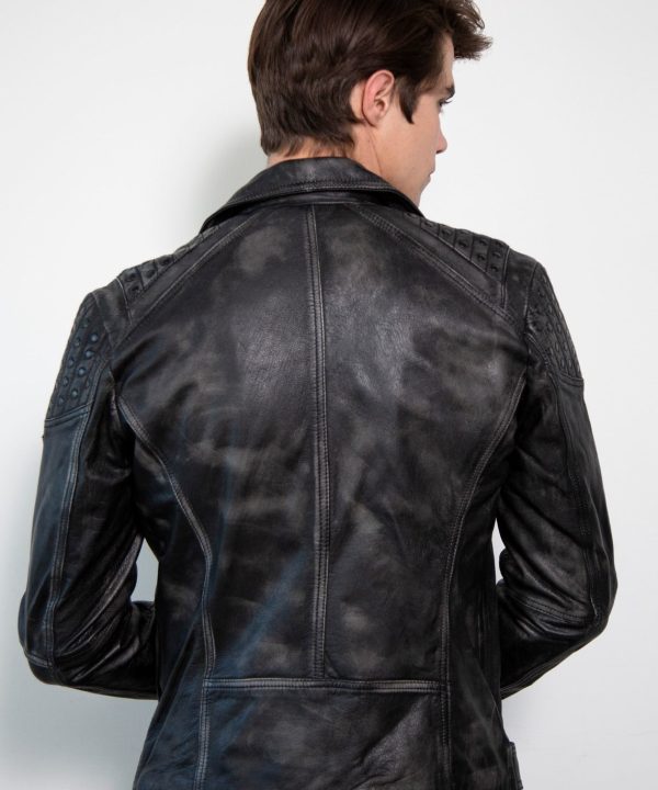 Nathan Smooth Studded Shoulders Black Moto Leather Jacket Back