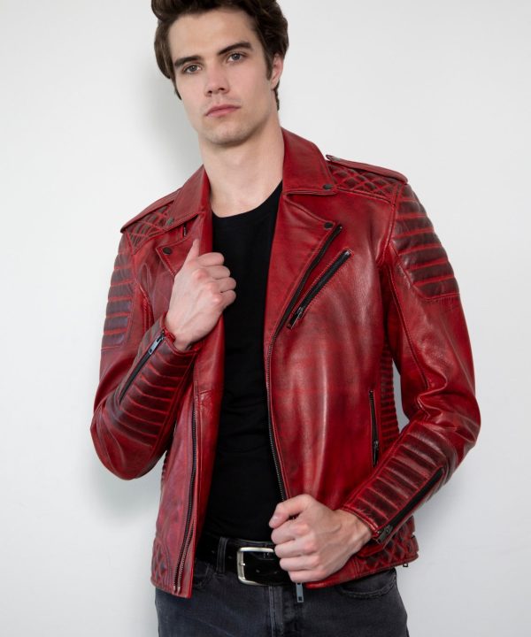 Mens Quilted Smoky Red Leather Motorcycle Jacket