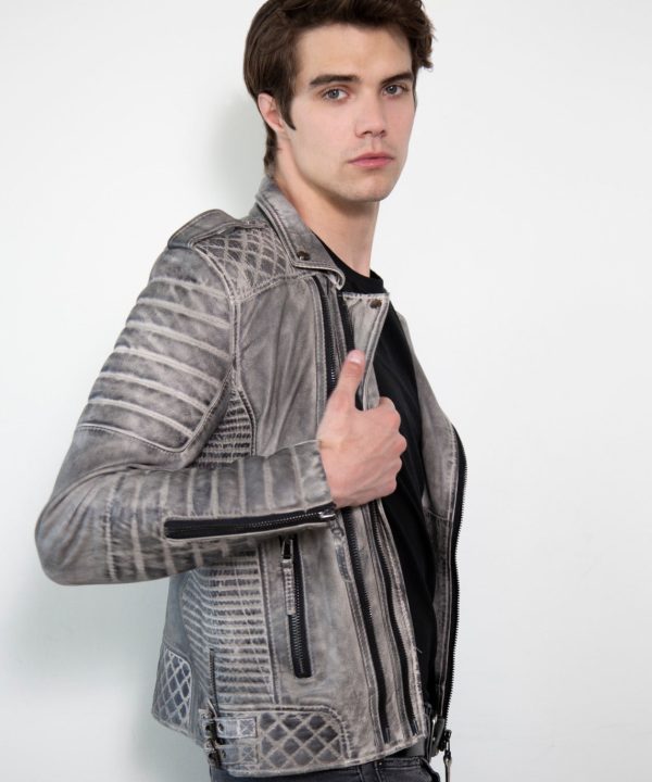 Mens Fashion Gray Quilted Motorcycle Leather Jacket