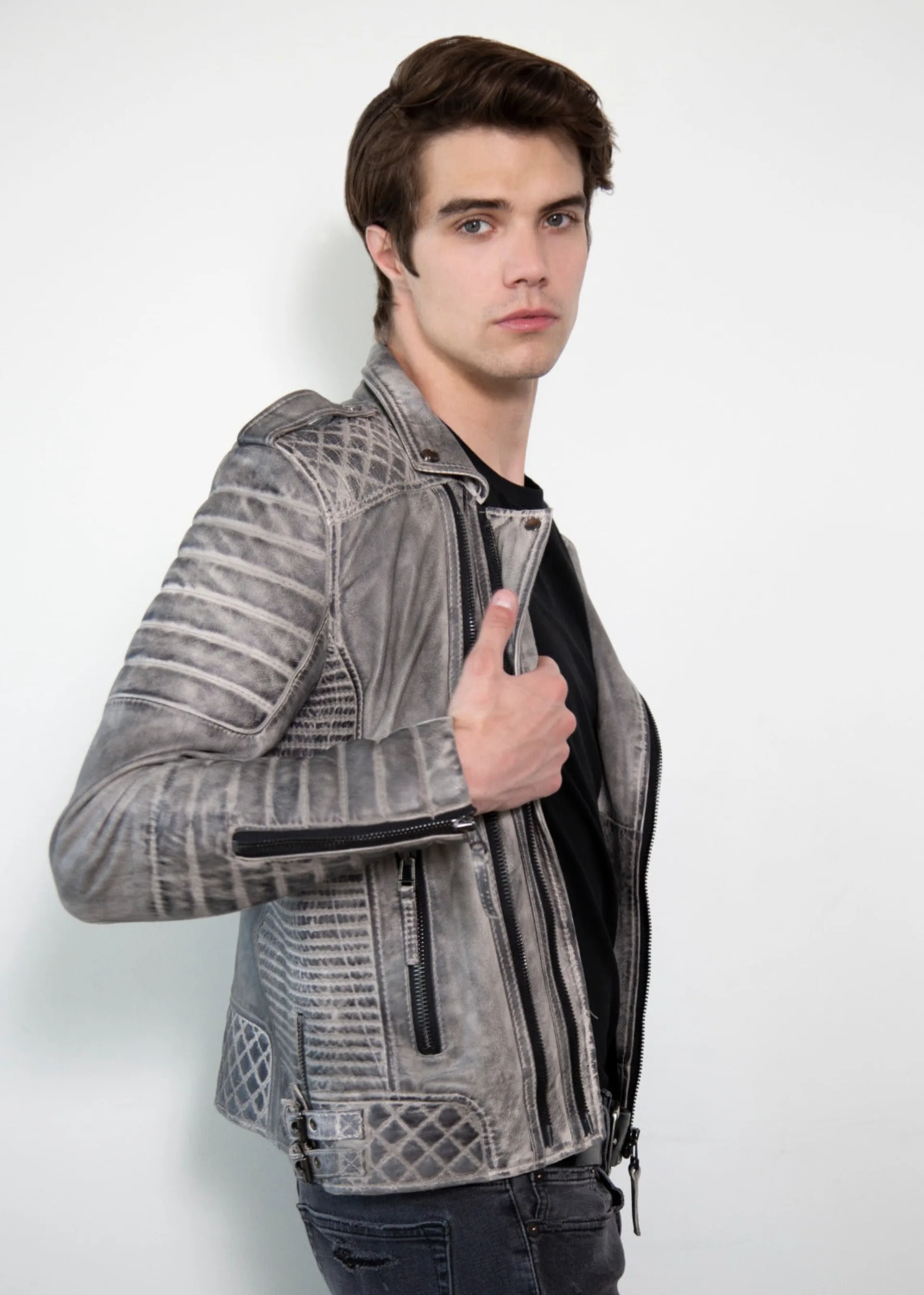 Mens Fashion Gray Quilted Motorcycle Leather Jacket