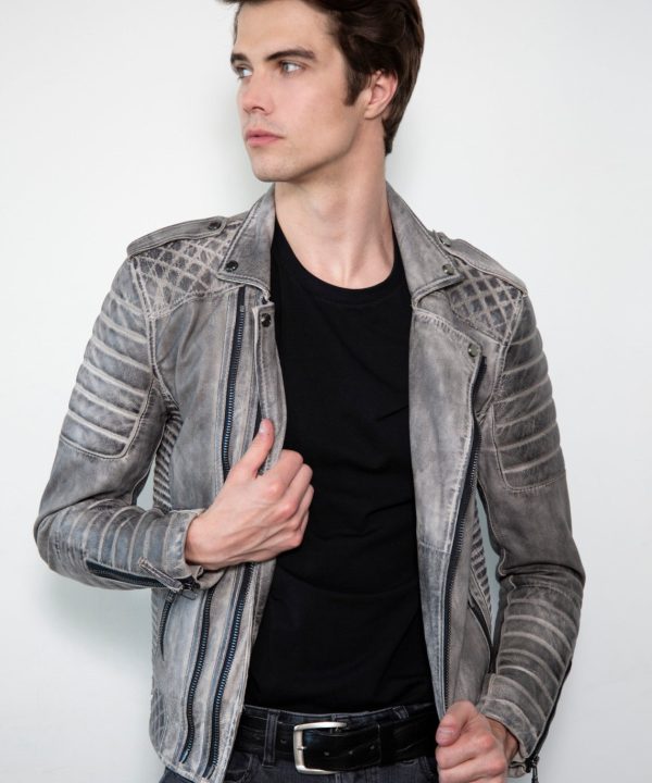 Mens Fall Charcoal Gray Black Quilted Leather Motorcycle Jacket