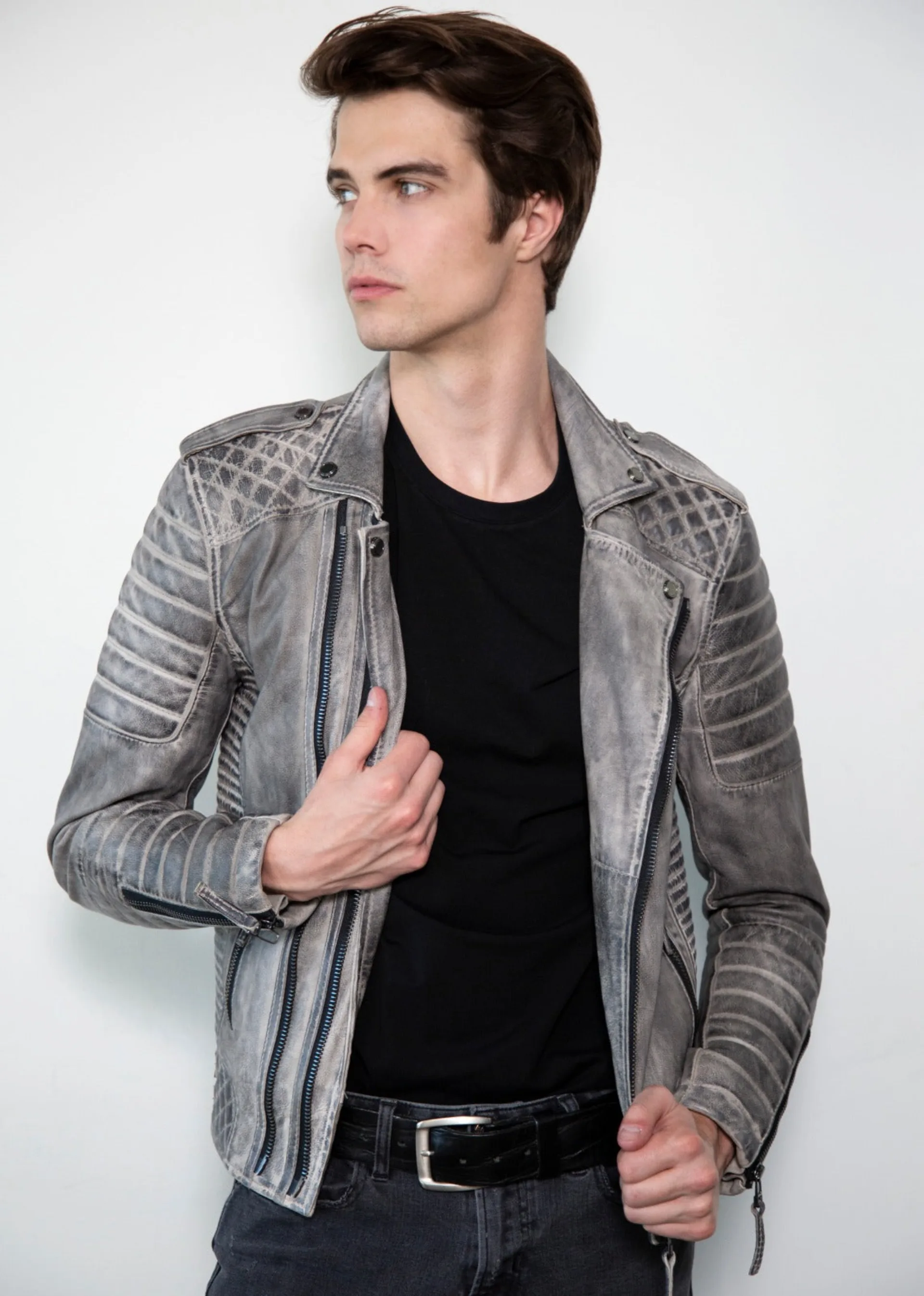 Mens Fall Charcoal Gray Black Quilted Leather Motorcycle Jacket