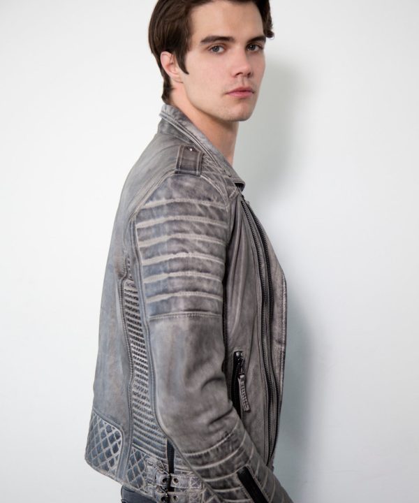 Mens Gray Quilted Charcoal Moto Leather Jacket