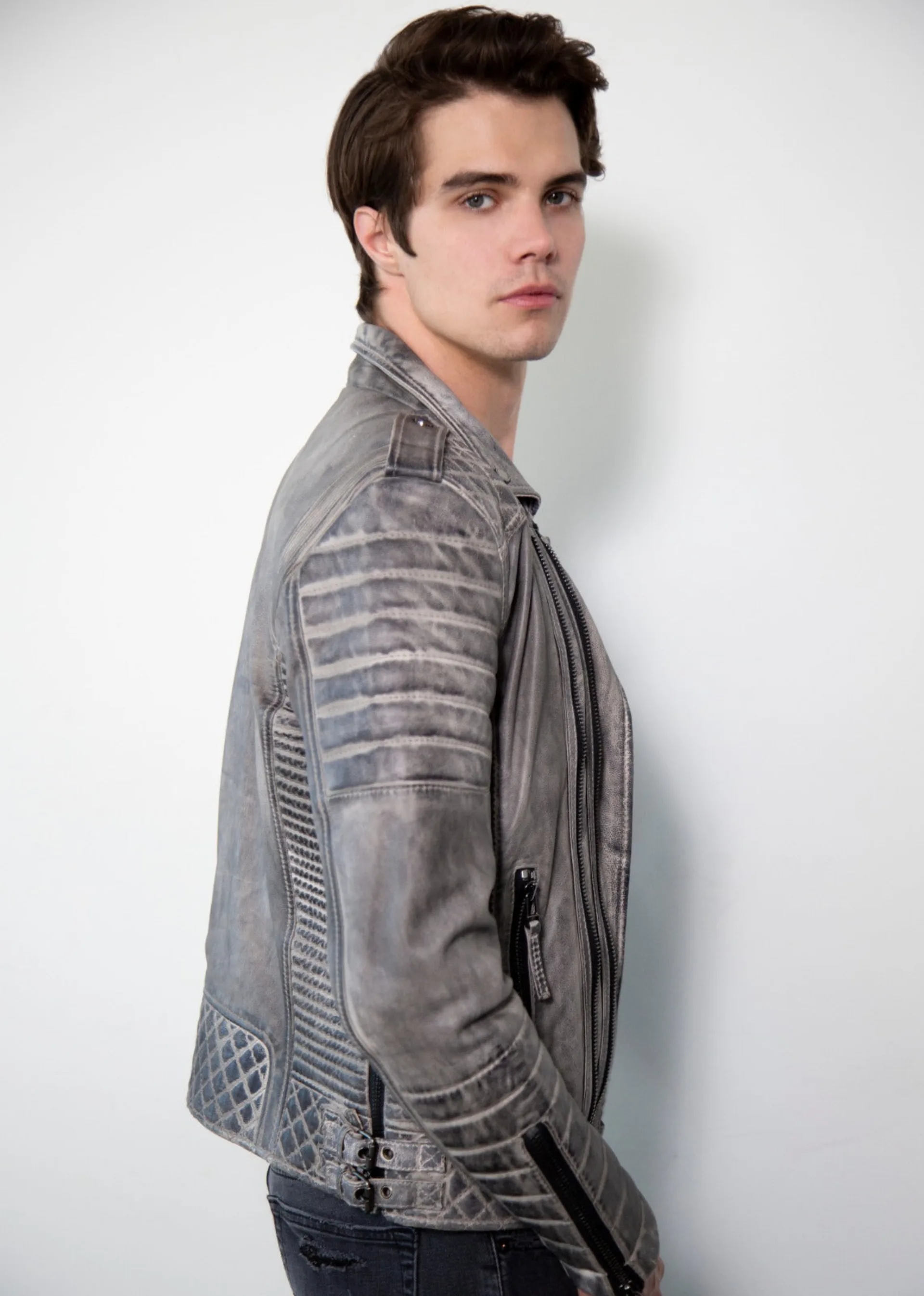 Mens Gray Quilted Charcoal Moto Leather Jacket