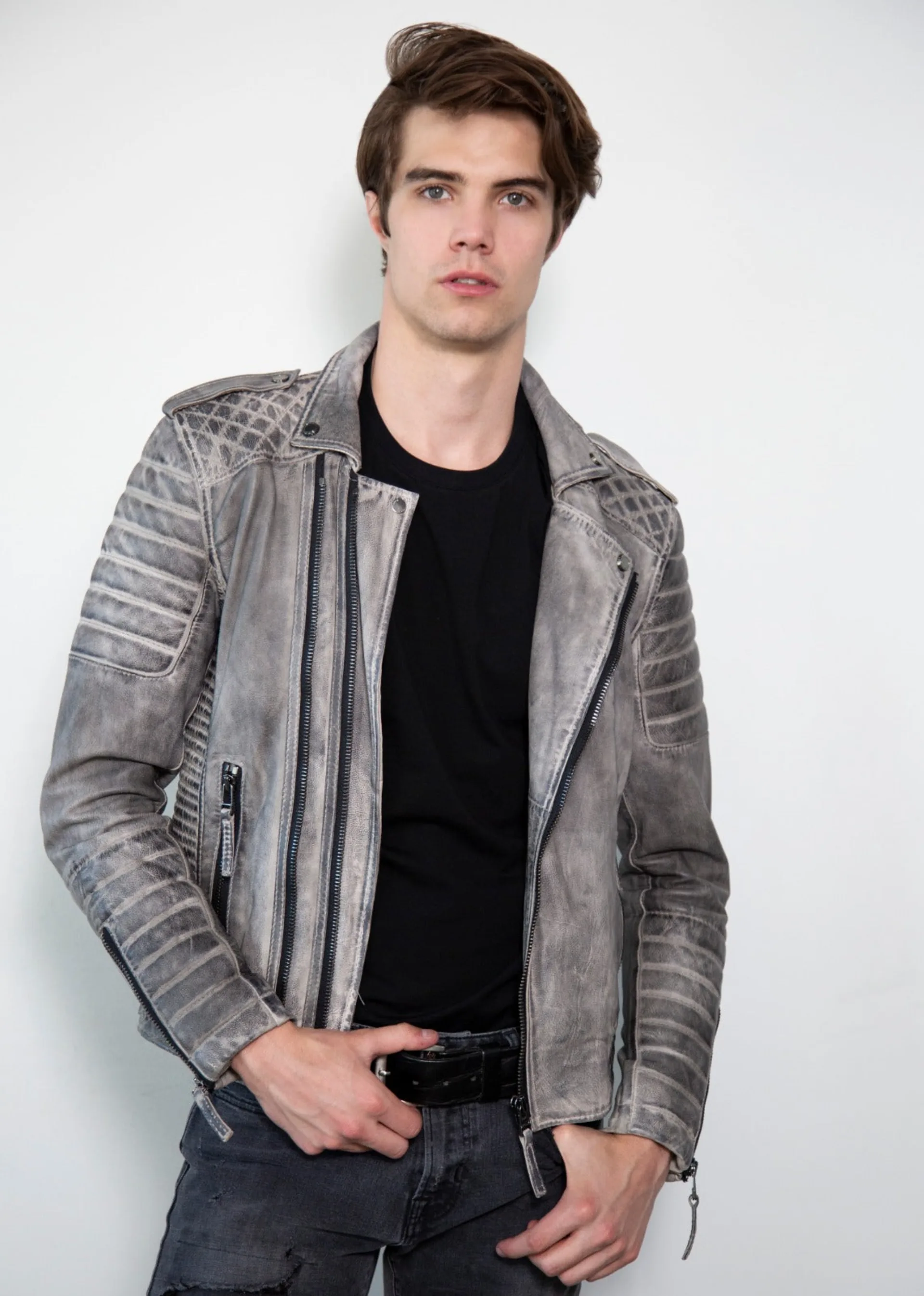 Gray Charcoal Quilted Motorcycle Leather Jacket