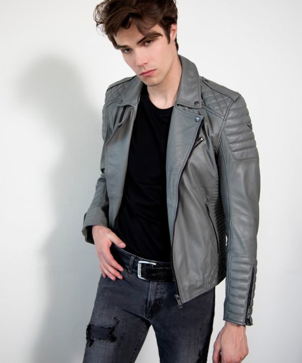 Gray Quilted Smooth Motorcycle Leather Jacket