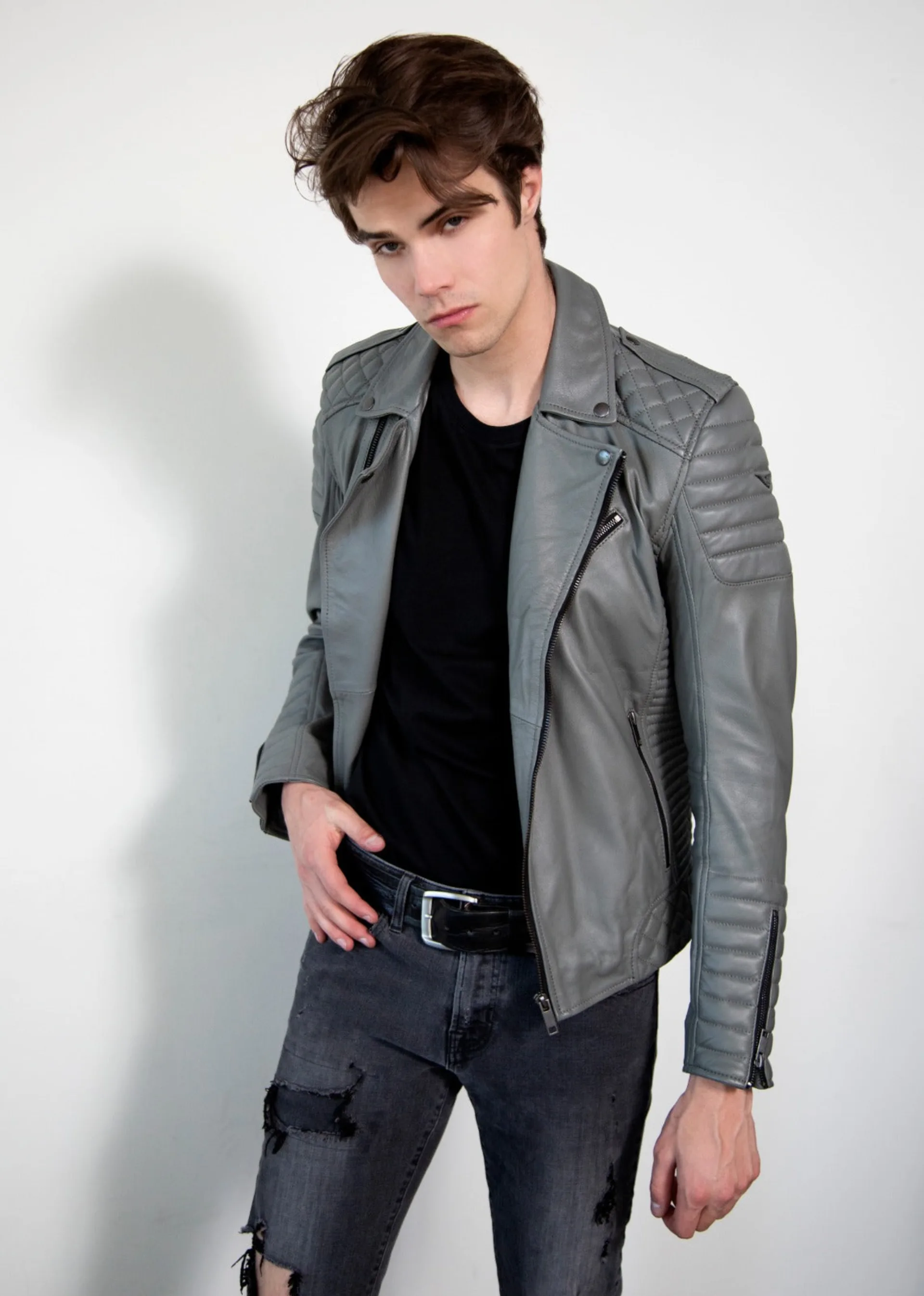 Gray Quilted Smooth Motorcycle Leather Jacket