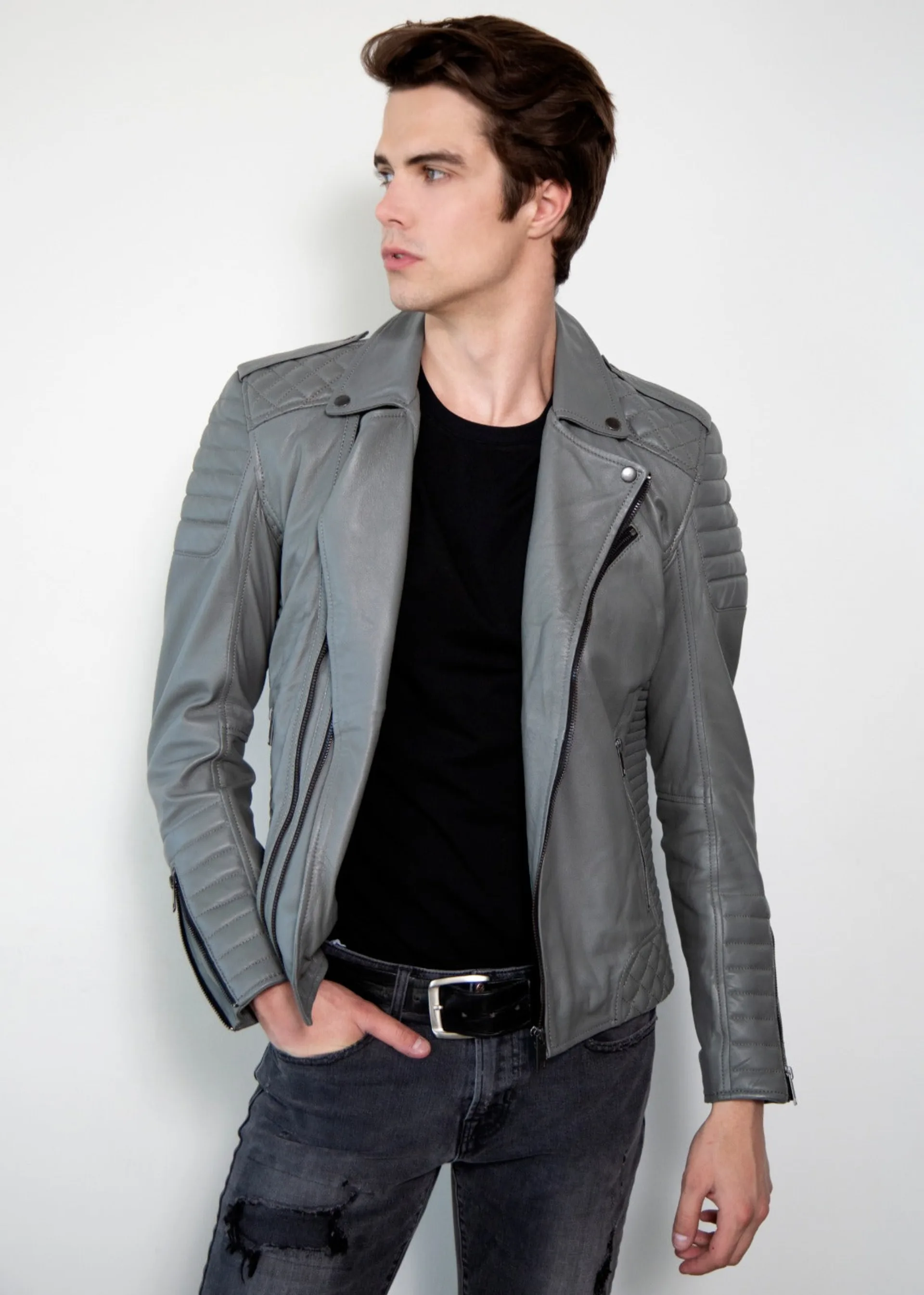 Smooth Gray Quilted Moto Leather Jacket