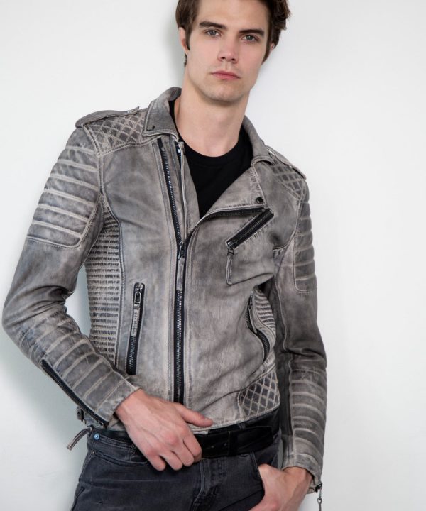 Gray Black quilted Moto Leather Jacket Charcoal Finish