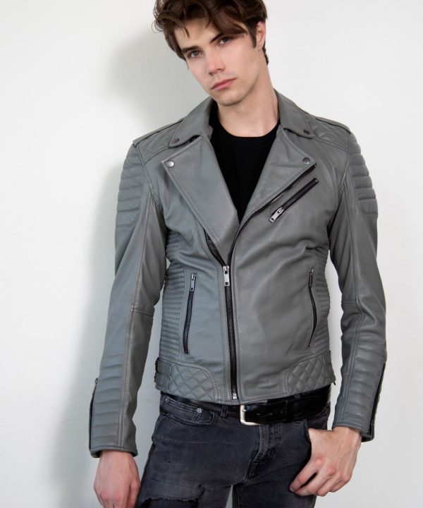 Mens Smooth Gray Quilted Leather Motorcycle Jacket