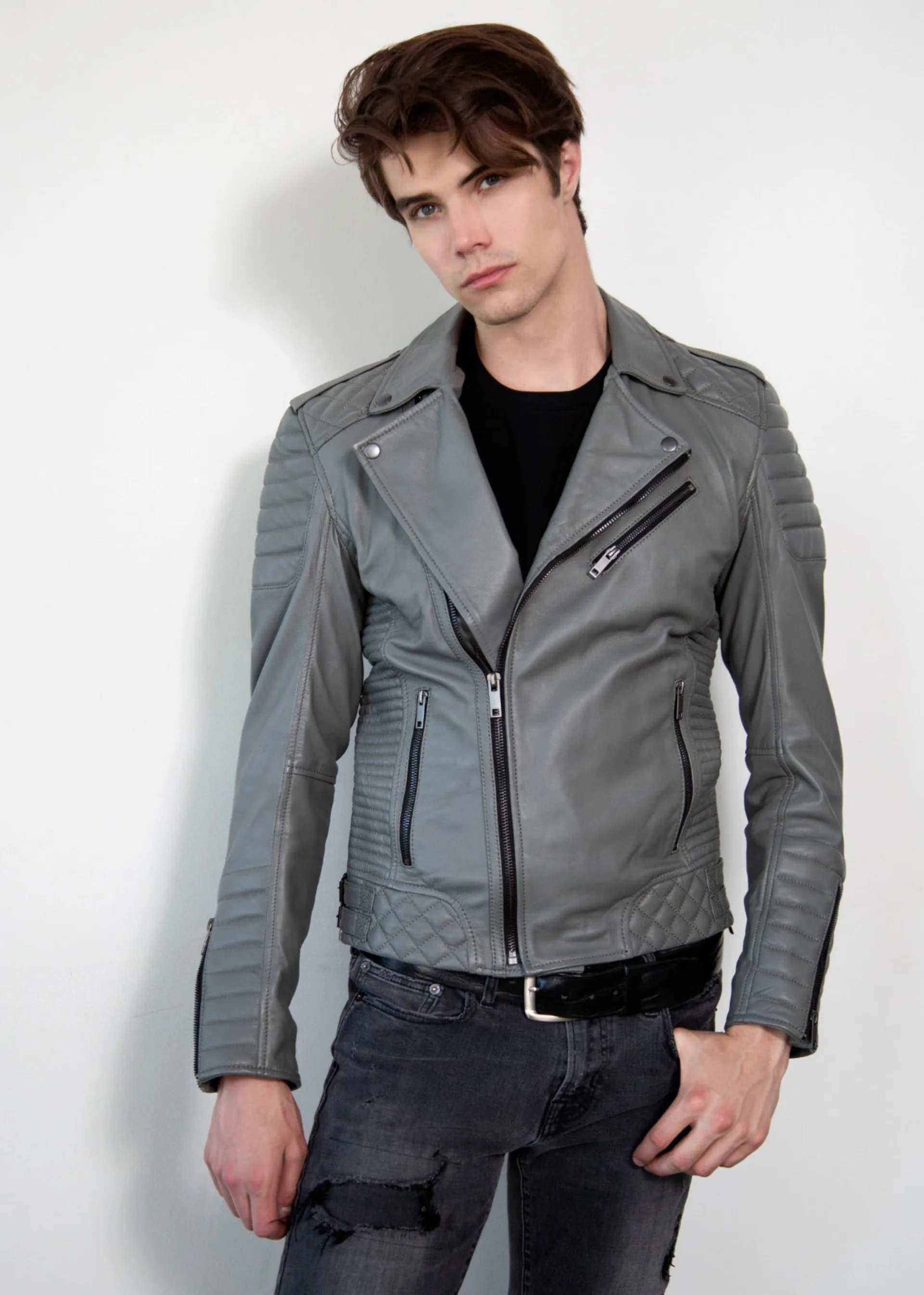 Mens Smooth Gray Quilted Leather Motorcycle Jacket