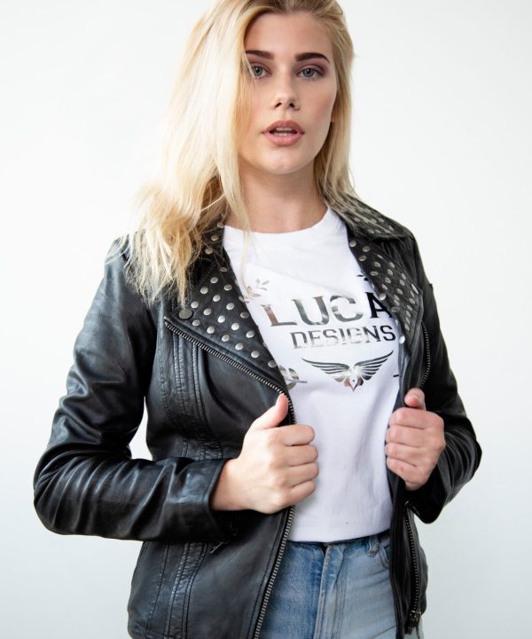 Womens Studded Collar Black Fashion Organic Leather Jacket