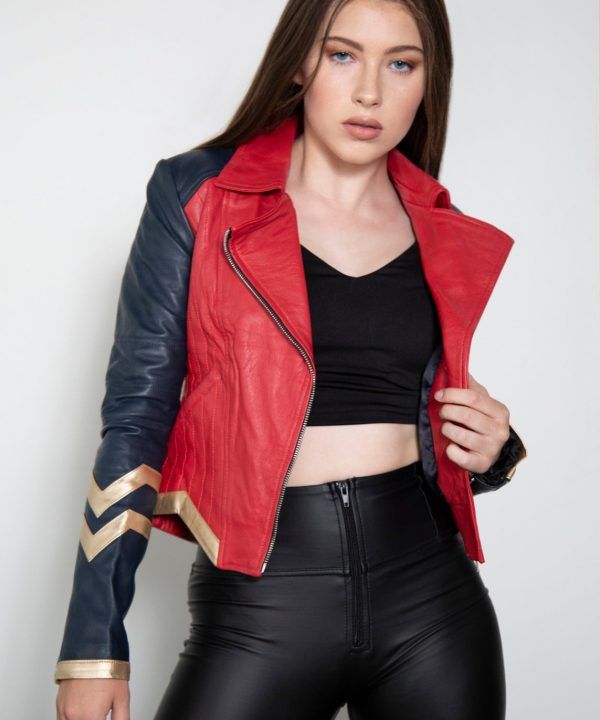 Womens Amazonian Warrior Princess Red Gold Leather Jacket