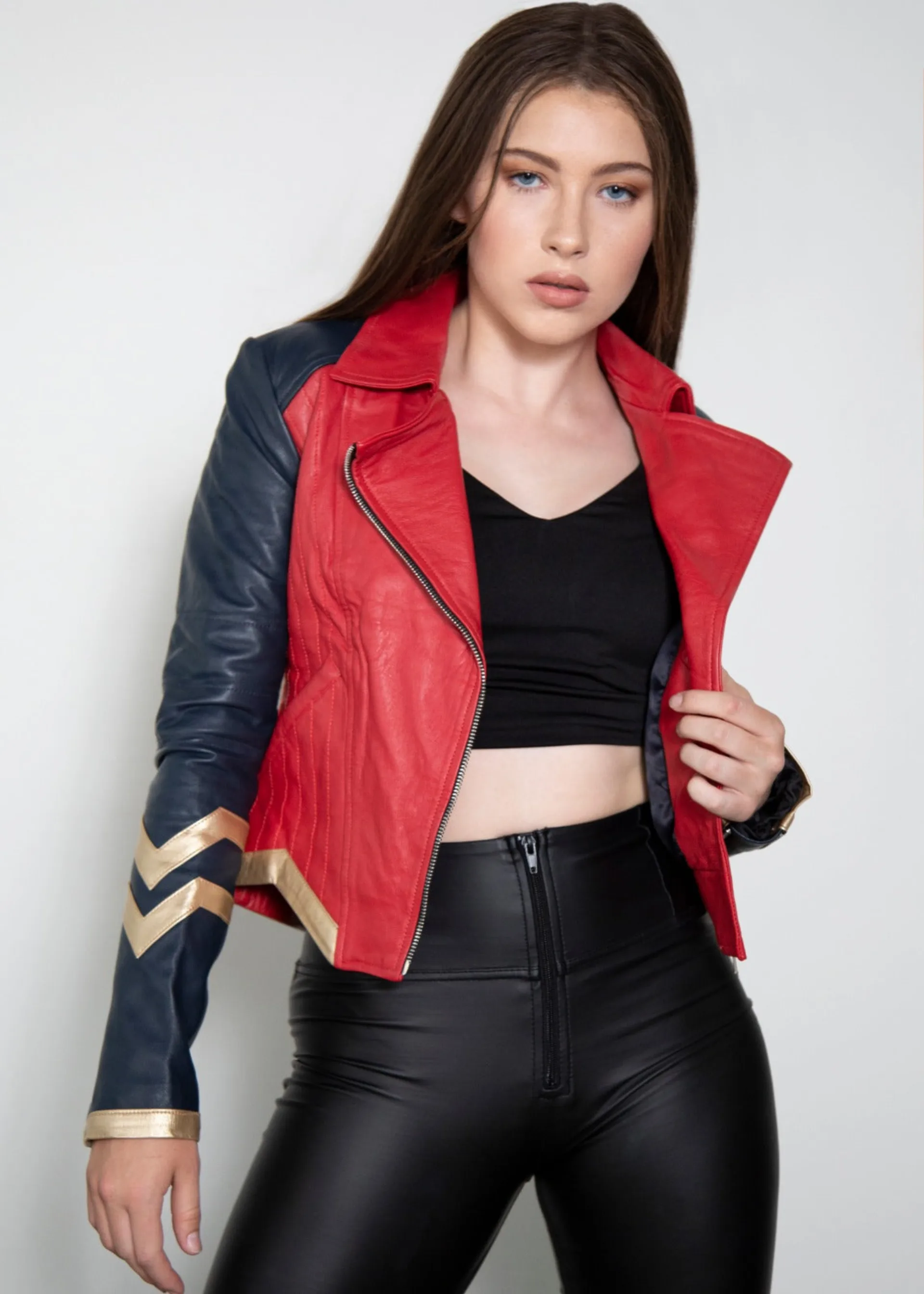Womens Amazonian Warrior Princess Red Gold Leather Jacket