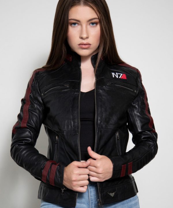 Womens N7 Mass Effect Commander Shepard Black Leather Jacket