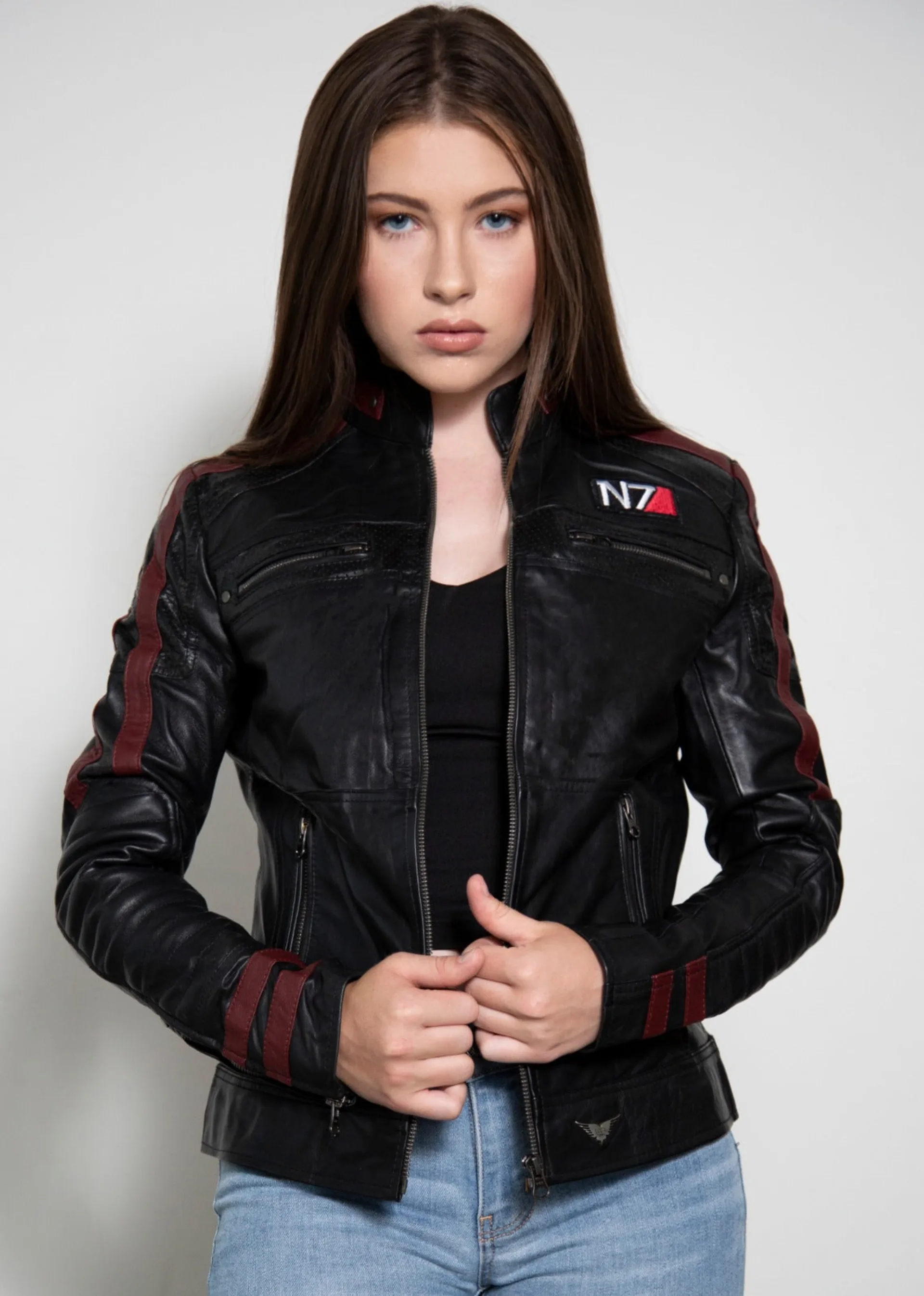 Womens N7 Mass Effect Commander Shepard Black Leather Jacket