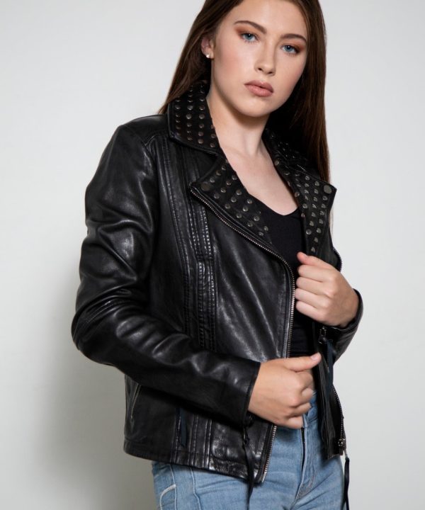Womens Studded Black Fashion Organic Leather Jacket