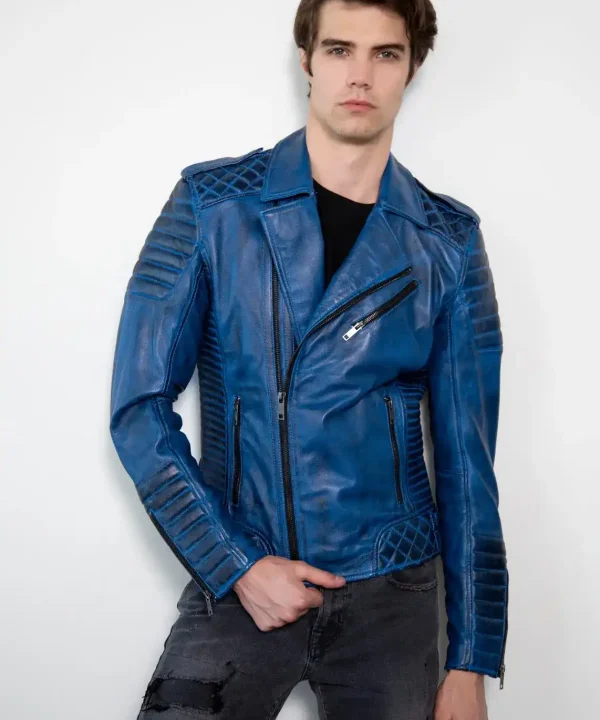 Mens Quilted Charcoal Blue Motorcycle Leather Jacket