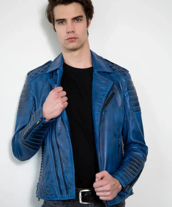 Blue Quilted Moto Leather Jacket